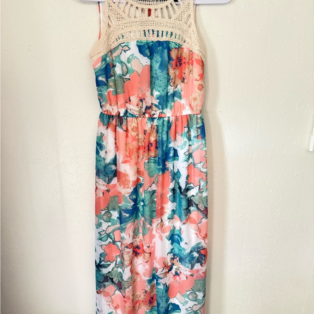 Lily Rose Coral & Teal Floral Crochet-Top Maxi Dress